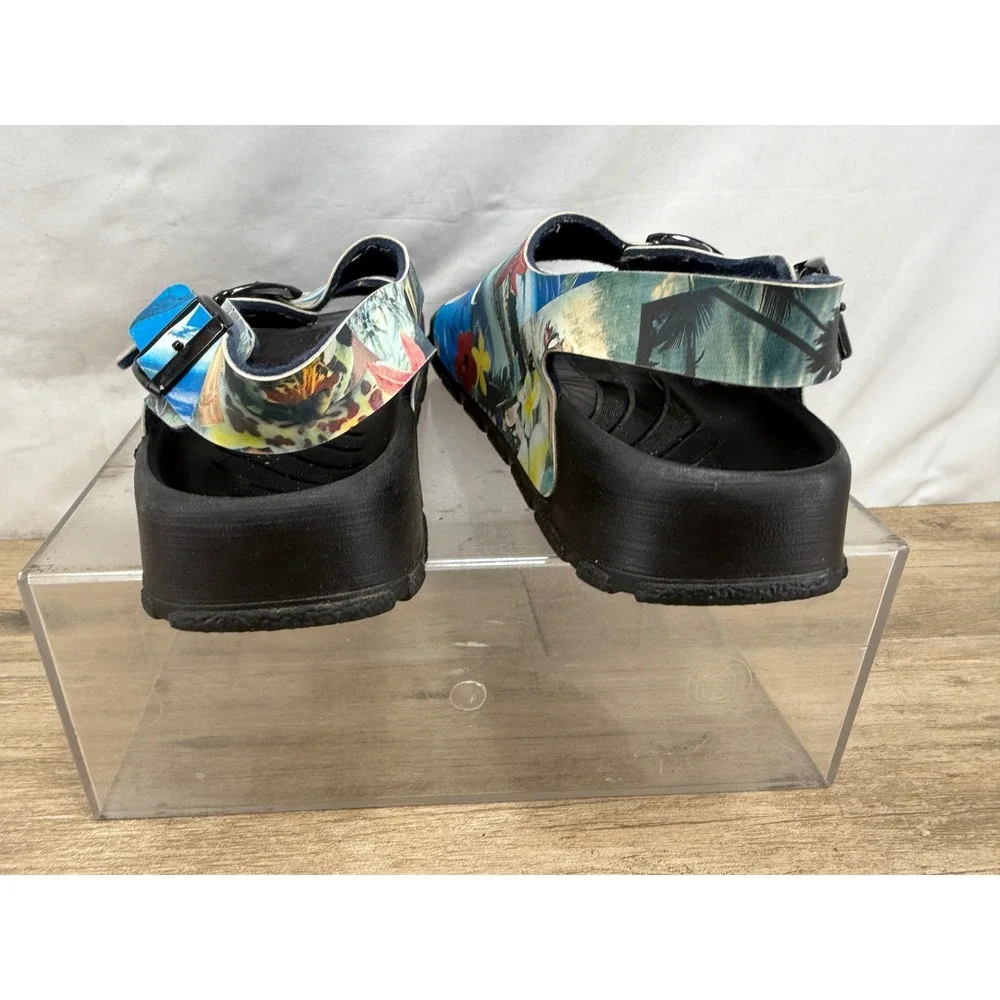 Birkis Birkenstock Men 42 Tropical Graphic Print 3-Strap Buckle Sandals Black